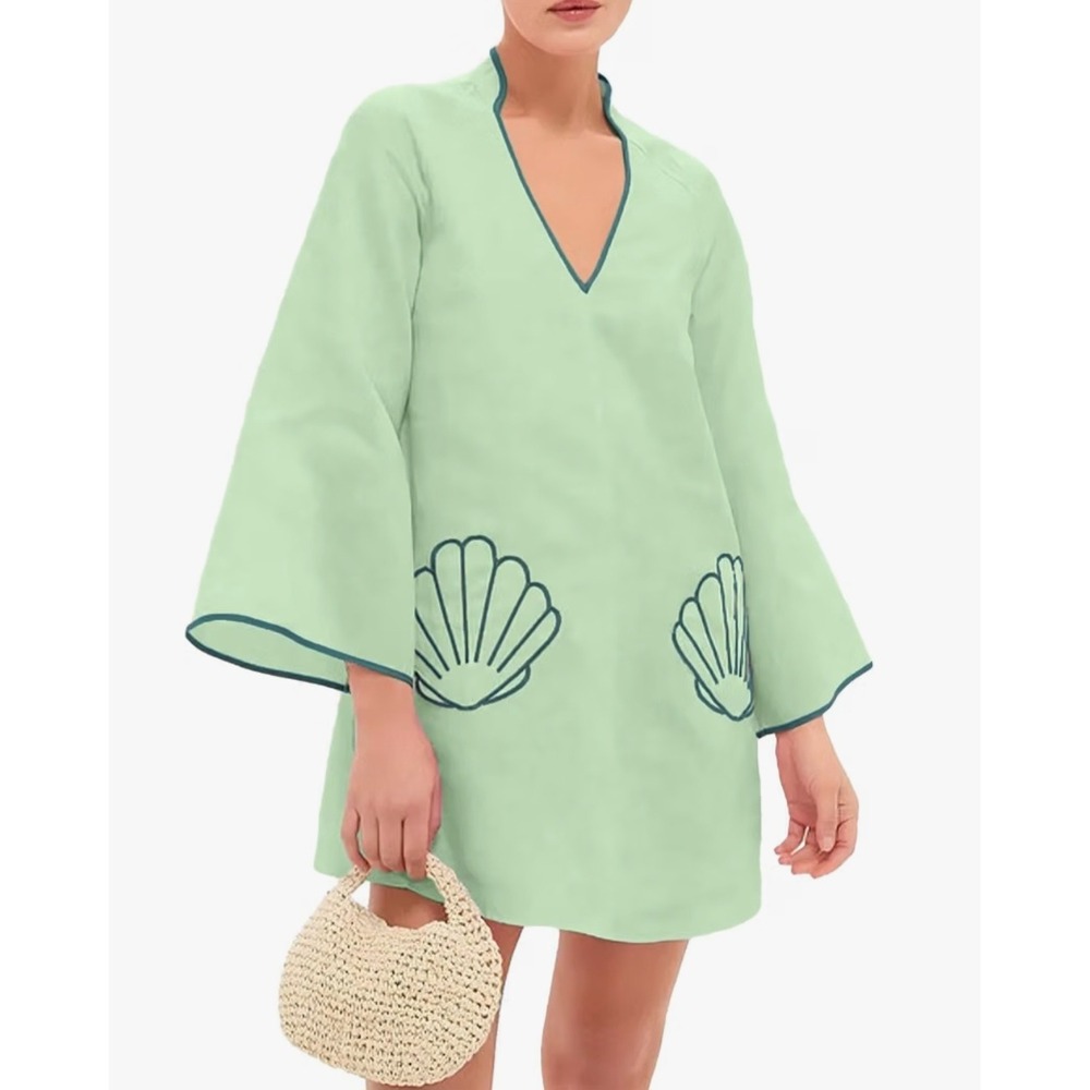 Fashion Mint Green Cotton Shell beach cover up mini Dress Bell Sleeve Womens L